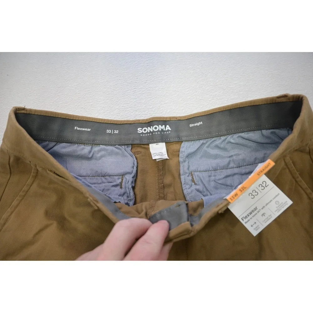 Sonoma Flexwear Pants Mens 33x32 Khaki Brown Straight Leg Chino‎ New NWT